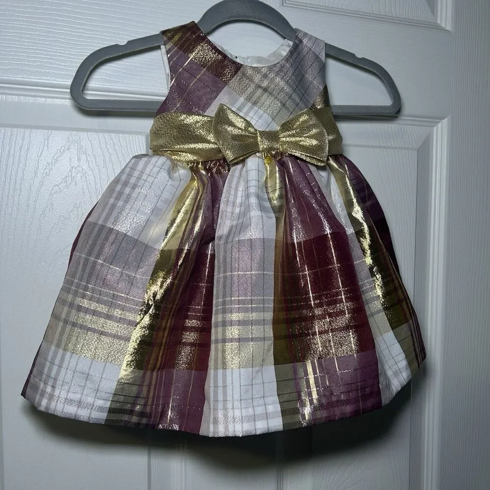 Bonnie Baby Girl’s Sleeveless Metallic Plaid Bow Dress Size 3-6 Months NWOT
